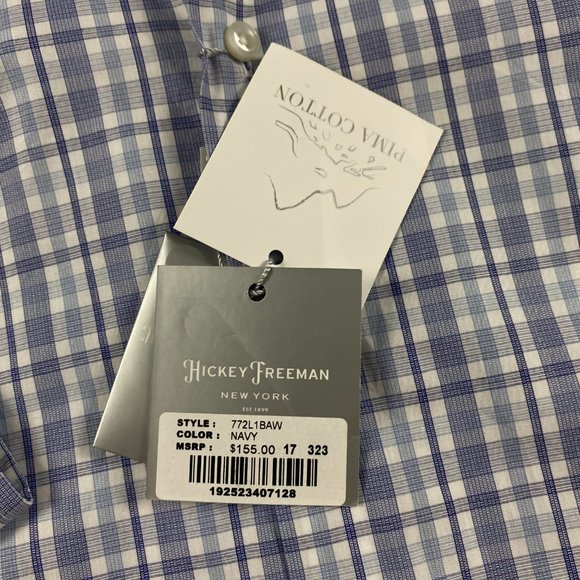 NWT Hickey Freeman Contemporary Fit Shirt Mens 17  32/33 Navy Check Pima Cotton - Picture 7 of 15